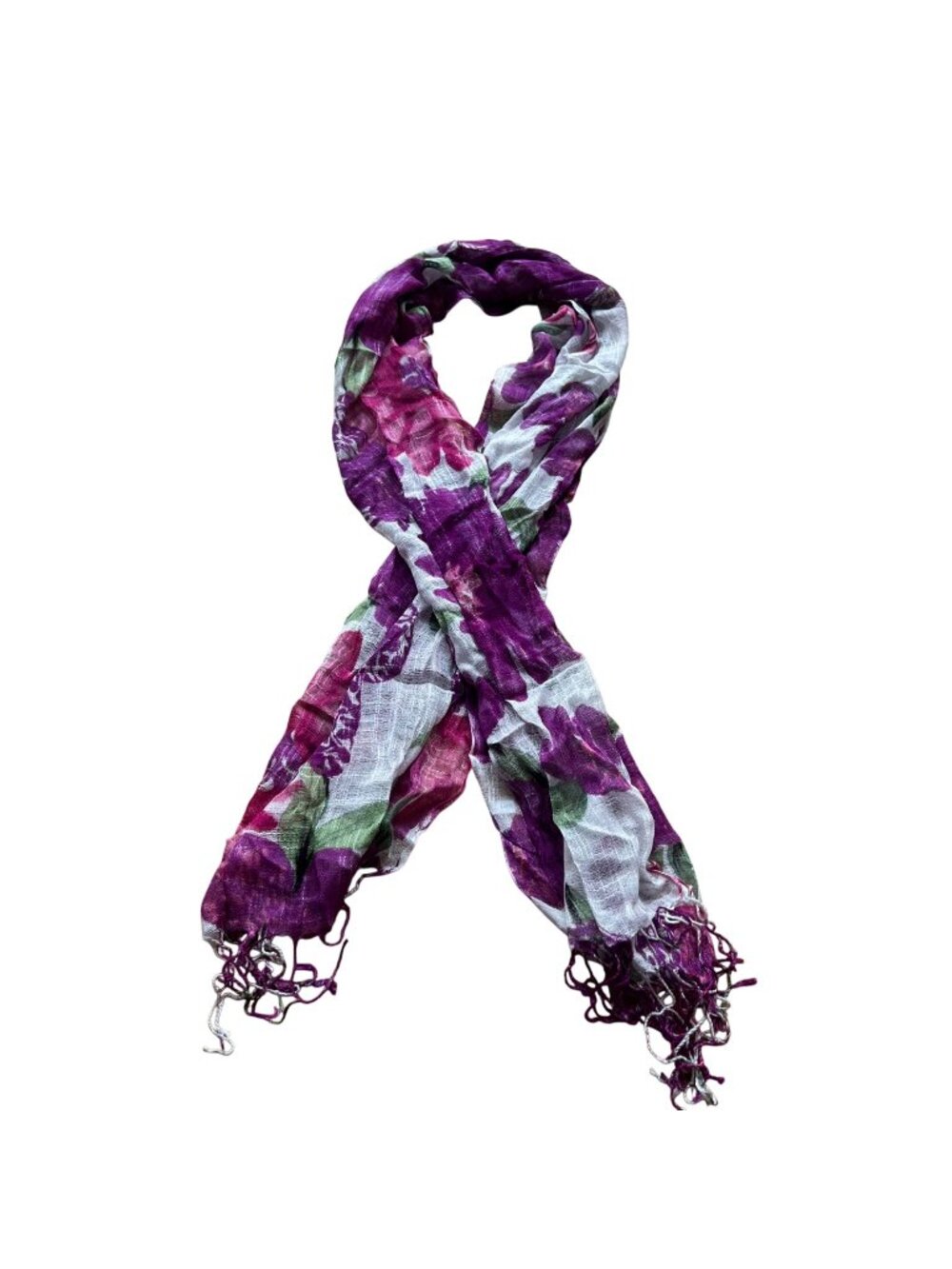 Purple Floral 100% Linen Size 70" x 20" Grandmacore Fringed Shawl Wrap Scarf